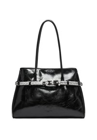 Czarna torebka z lakierowanej skóry o sztywnym kształcie, z dekoracyjnym paskiem w srebrnym kolorze i ozdobami przypominającymi perły.