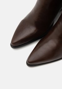 Gros plan sur des bottes en cuir brun foncé à bouts pointus, mettant en valeur la texture lisse et les semelles noires sur un fond blanc.