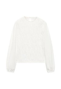 Blusa bianca a maniche lunghe con tessuto texturizzato, scollatura rotonda, maniche gatherate e un piccolo'apertura a forma di chiave sul retro. Finitura morbida e liscia.