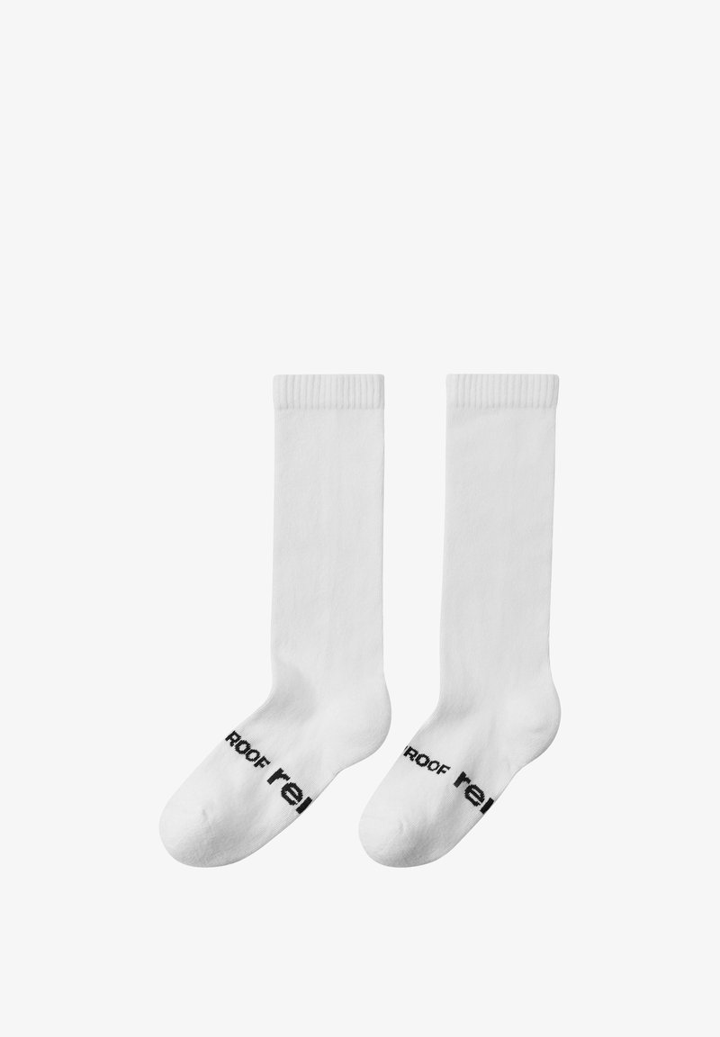 White cotton socks with ribbed cuffs, featuring black text that reads "roof" and "rel." Standard ankle-length design, smooth texture.