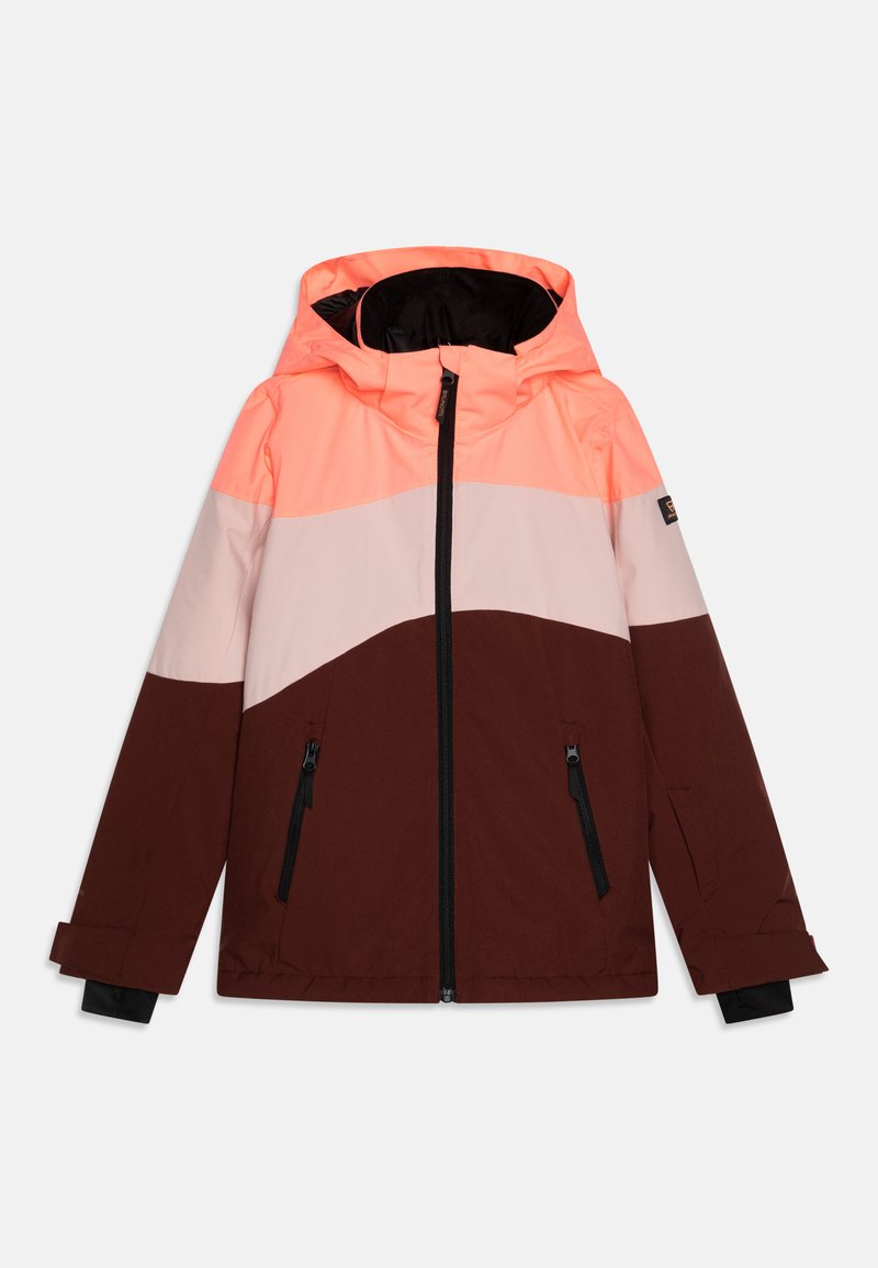 Color-blocked jacket featuring a bright pink, light pink, and dark brown design. Made of waterproof material with a hood and zippered pockets.