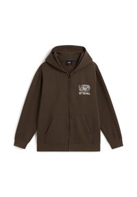 Sudadera con cremallera marrón, con capucha, bolsillo tipo canguro y el logo blanco "Vans Off The Wall" en el pecho izquierdo.