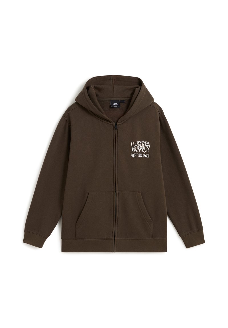 Sudadera con cremallera marrón, con capucha, bolsillo tipo canguro y el logo blanco "Vans Off The Wall" en el pecho izquierdo.