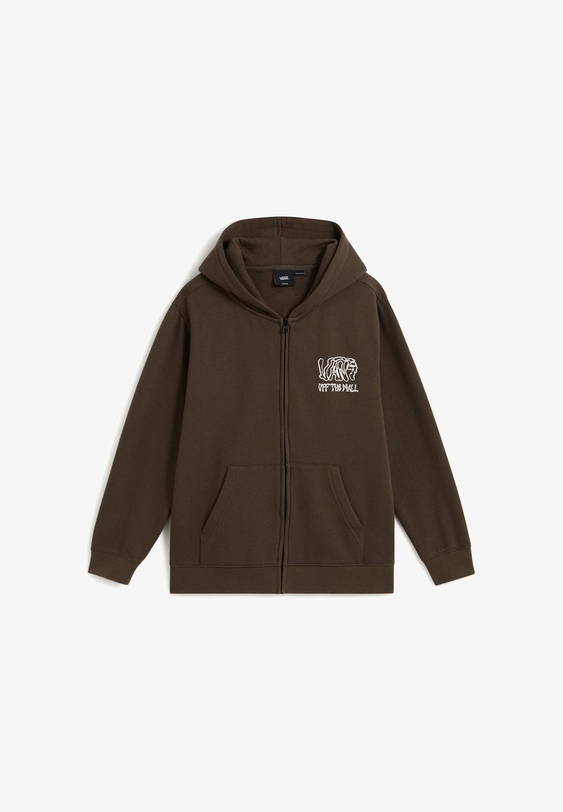 Bruine zip-up hoodie met een capuchon, kangoeroe zak en wit "Vans Off The Wall" logo op de linkerborst.