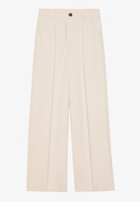 Pantalon beige à jambes larges en tissu lisse, doté d'une fermeture à bouton sur le devant, de deux poches latérales et de deux plis pour plus de détails.