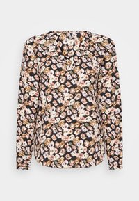 Blusa a maniche lunghe in tessuto nero con un motivo floreale che presenta fiori rosa, crema e marrone; design a scollo a V e orlo curvo.