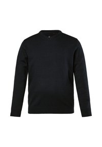 Marineblauer Strickpullover mit V-Ausschnitt, langen Ärmeln, gerippten Bündchen und Saum. Mit dezentem Logo auf der Brust. Weicher Griff.