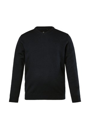 Suéter de punto azul marino con escote en V, mangas largas, puños y bajo acanalados. Presenta un logo discreto en el pecho. Textura suave.