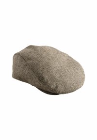 Brun keps med fiskbensmönster, tillverkad av texturerat tyg, med rund form och mjuk krön för en bekväm passform.