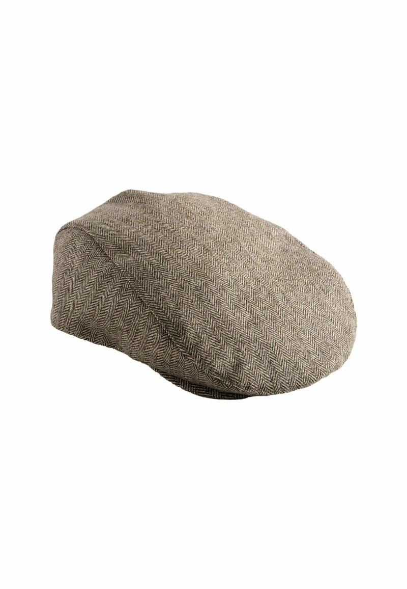 Brun keps med fiskbensmönster, tillverkad av texturerat tyg, med rund form och mjuk krön för en bekväm passform.