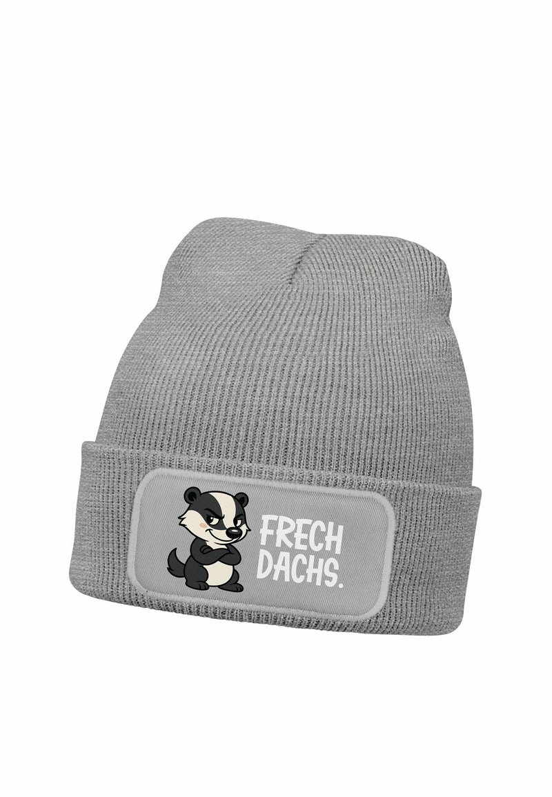 Gray knit beanie with a cuff, featuring a cartoon badger graphic on a light gray patch with the text “FRECH DACHS.” Soft texture, casual design.