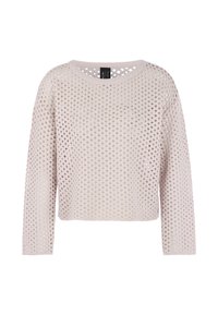 Hellblau, kurz geschnittene Sweatshirt mit einem lockeren Strickmuster. Hat lange Ärmel, einen runden Ausschnitt und einen strukturierten Stoff.