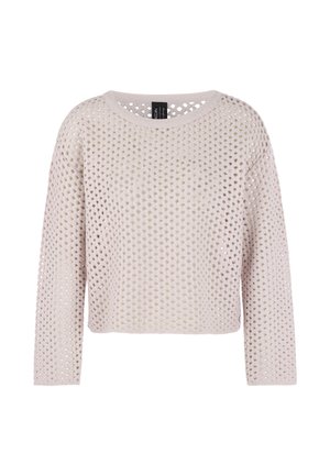Light pink, cropped sweater with a loose knit pattern. Features long sleeves, a round neckline, and a textured fabric.