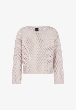 Light pink, cropped sweater with a loose knit pattern. Features long sleeves, a round neckline, and a textured fabric.