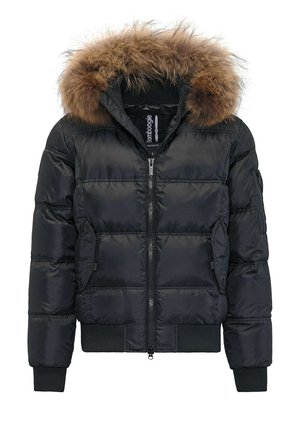 Black puffer jacket with a detachable brown fur hood, ribbed cuffs, and a zippered front. Features quilted texture and side pockets.