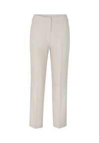 Beige maßgeschneiderte Hose mit geradem Schnitt, flacher Front, Bundfalten und glatter Textur. Keine sichtbaren Taschen oder Beschläge.