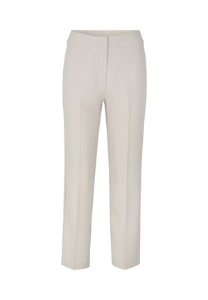 Beige maßgeschneiderte Hose mit geradem Schnitt, flacher Front, Bundfalten und glatter Textur. Keine sichtbaren Taschen oder Beschläge.