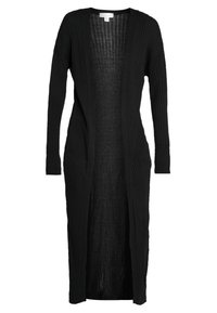 Lång svart kofta med ribbad struktur, öppen framdel och långa ärmar. Lätt design med avslappnad passform, lämplig för lager på lager.