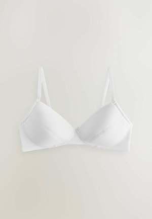 Sostén blanco con tirantes ajustables, copas acolchadas, textura suave y diseño sin costuras. Incluye un pequeño detalle de lazo en el centro frontal.