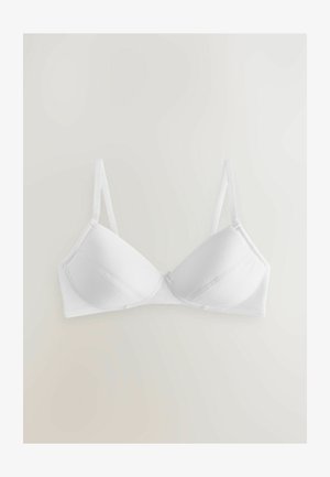 Sostén blanco con tirantes ajustables, copas acolchadas, textura suave y diseño sin costuras. Incluye un pequeño detalle de lazo en el centro frontal.