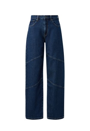 Dunkelblaue Denim-Jeans mit weitem Bein, hoher Taille, Frontknopfleiste, Taschen und sichtbaren Nahtdetails entlang der Beine.