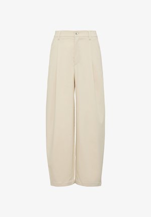 Bežīgas platās bikses ar krokām, izgatavotas no gludas auduma. Aprīkotas ar pogu aizdari un jostu cilpiņām, ar tīru, strukturētu siluetu.