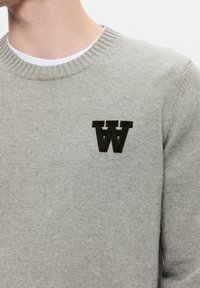 Svetlo sivi pleteni pulover z rebrastim okroglim izrezom in temno zelenim vezenim logotipom "W" na prsih. Mehka tekstura in prilegajoča zasnova.