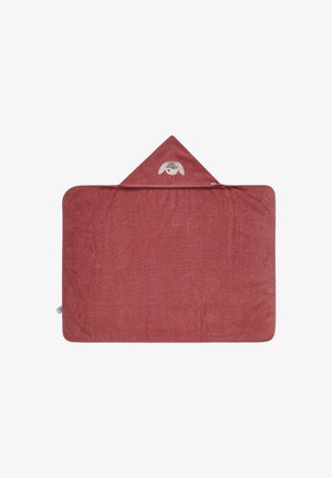 Weiches rotes Kapuzentuch in dreieckiger Form. An der Spitze befindet sich ein Cartoon-Hundes Gesicht. Hergestellt aus saugfähigem Material mit strukturiertem Finish.