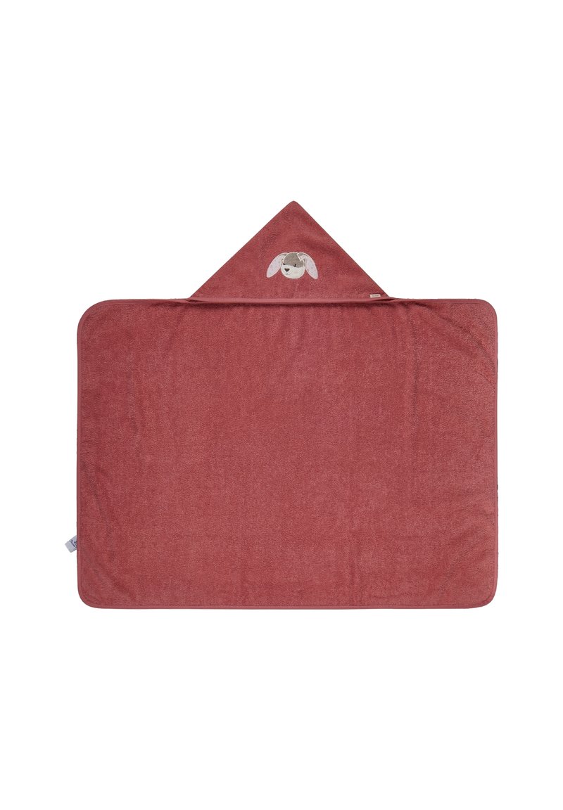 Soft red hooded towel with a triangular shape. Features a cartoon dog face at the top. Made from absorbent material, textured finish.