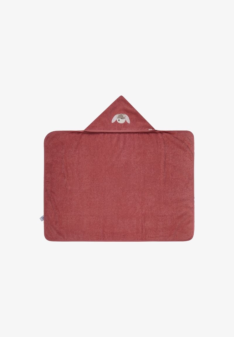 Soft red hooded towel with a triangular shape. Features a cartoon dog face at the top. Made from absorbent material, textured finish.