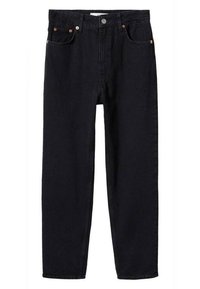 Jean noir taille haute à jambe droite avec bouton et fermeture éclair à l'avant, deux poches avant, et rivets en cuivre aux coins des poches.