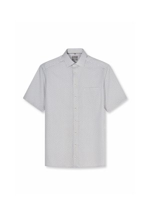 Chemise à manches courtes avec boutons et petit motif géométrique répétitif en gris clair et blanc.