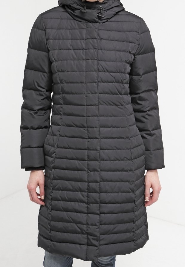 Black, quilted puffer coat with a hood, featuring horizontal stitching, long sleeves, and a straight hem. Durable, water-resistant material.