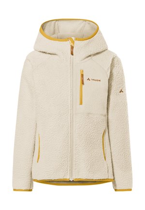 Cremfarbener Fleece-Jacke mit Kapuze, durchgehendem Reißverschluss, Brusttasche und senfgelber Akzentfarbe an den Kanten und Reißverschluss-Ziehern.