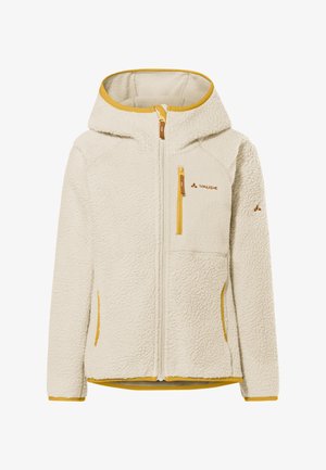 Chaqueta de forro polar color crema con capucha, cremallera completa en la parte delantera, bolsillo en el pecho y ribetes amarillos mostaza en los bordes y tiradores de la cremallera.