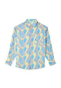 Camicia a maniche lunghe colorata con un motivo di linee ondulate blu, rosa e verdi, dotata di una tasca sul petto e chiusura con bottoni.