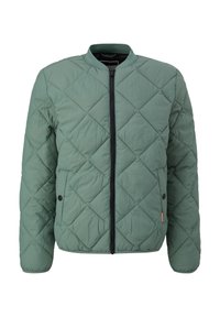 Veste matelassée vert clair avec fermeture éclair centrale noire, poches à boutons-pression et col côtelé, présentée de face.