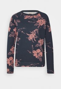 Felpa navy con maniche lunghe, caratterizzata da un motivo floreale rosa. Collo rotondo e texture morbida, ideale per un look casual.