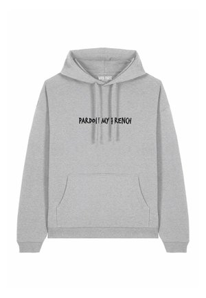 Grijze hoodie van een katoenmix, met een voorste kangaroozak en verstelbare trekkoordkap, met "PARDOII MY FRENCH" in zwart gedrukt.