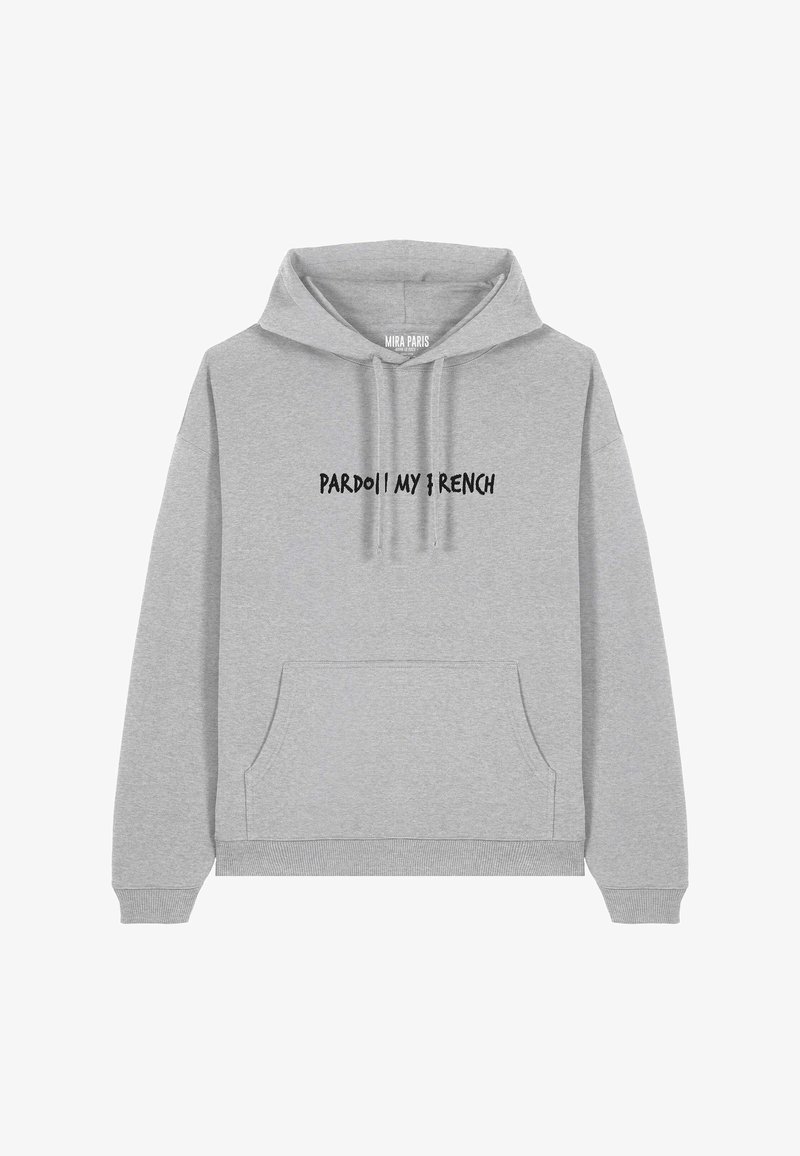 Felpa grigia in cotone misto, con tasca frontale a marsupio e cappuccio regolabile con cordoncino, con la scritta "PARDOII MY FRENCH" stampata in nero.