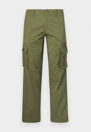 Olive green cargo pants made from durable fabric, featuring multiple large side pockets and a zippered pocket on the thigh.