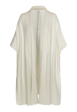 Pitkä, avonainen etuosa kardigan off-white sävyssä. Teksturoitu kangas, jossa on ribbed yksityiskohtia, lyhyet hihansuut ja repsottavat reunat. Kevyt ja valuva muotoilu.