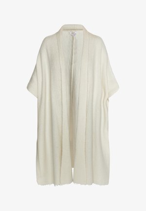 Długi kardigan z otwartym przodem w kolorze off-white. Teksturowana tkanina z prążkowanymi akcentami, krótkie rękawy i postrzępione wykończenia. Lekki i luźny krój.