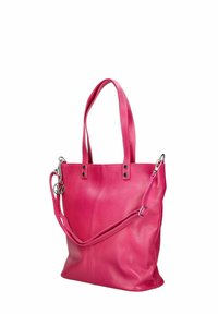 Roze leren schoudertas met dubbele handvaten, verstelbare schouderriem en accenten van zilverhardware. Zachte textuur met een gladde afwerking.