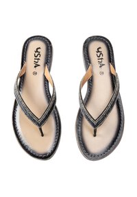 Sorte flip-flop sandaler med en smal rem, der har dekorative sølvperler, brune accenter og en glat beige indersål; størrelse 39.