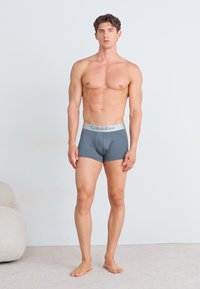 Bóxers grises de hombre con una suave cintura elástica que presenta el logo de "Calvin Klein". Tela lisa, diseño ajustado y longitud hasta medio muslo.