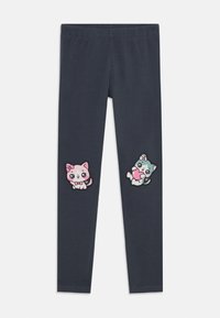 Leggings grigio scuro con due applicazioni di gatti colorati e decorati, dotati di espressioni facciali, posizionate sulle ginocchia. Materiale morbido e elasticizzato.