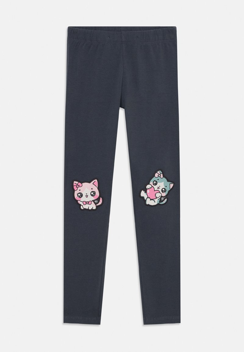 Leggings grigio scuro con due applicazioni di gatti colorati e decorati, dotati di espressioni facciali, posizionate sulle ginocchia. Materiale morbido e elasticizzato.