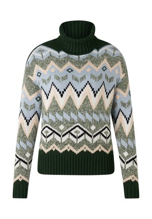Pull à col roulé avec des motifs en zigzag et en feuilles verts, crème et bleus, ourlet et poignets côtelés, manches longues.