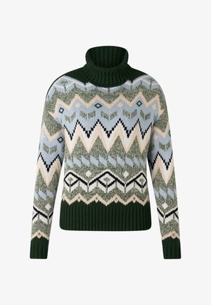 Sweter z golfem w zielone, kremowe i niebieskie wzory zygzaków oraz liści, z prążkowanym dołem i mankietami, z długimi rękawami.